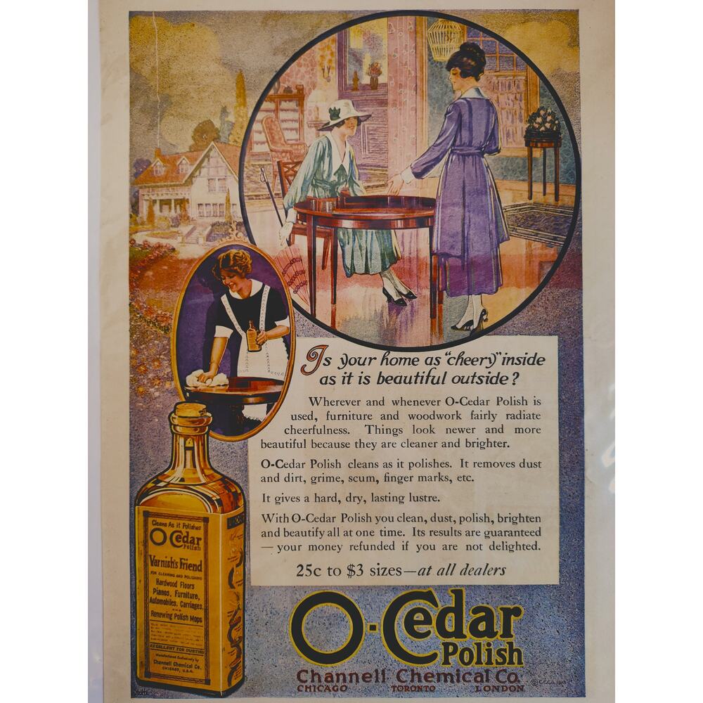 1918 O'Cedar Polish Original Vtg PRINT AD Maid Polishing Table Colorful Advert